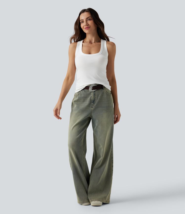 Ribbed Knit U Neck Racerback Casual Tank Top