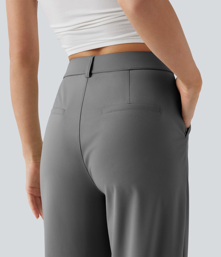 High Waisted Wide Leg Quick Dry Stretch Pocket  Suit Work Pants with Pockets-UPF40+
