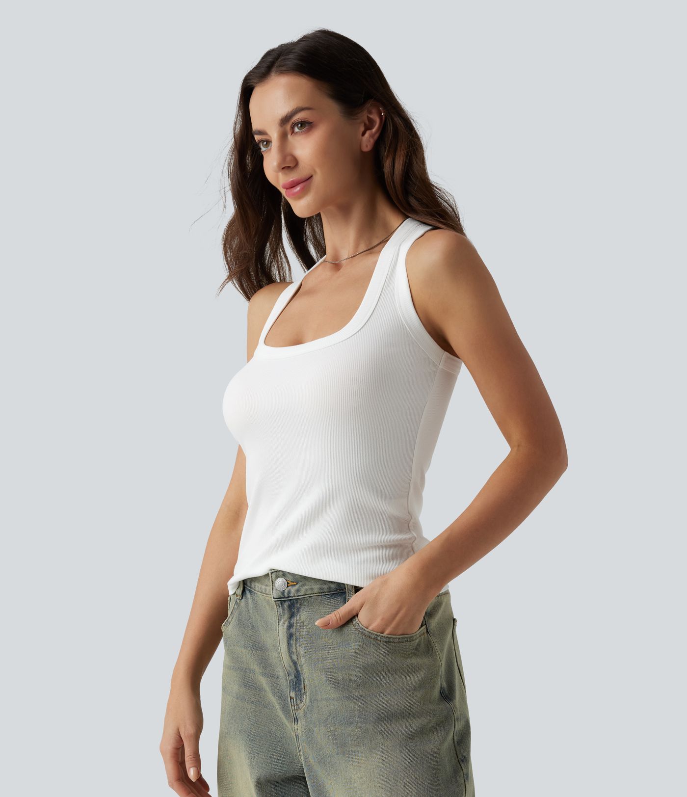 Ribbed Knit U Neck Racerback Casual Tank Top