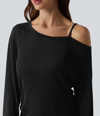 Semi Sheer One Shoulder Long Sleeve Asymmetric Hem Casual T-Shirt