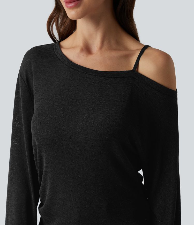 Semi Sheer One Shoulder Long Sleeve Asymmetric Hem Casual T-Shirt
