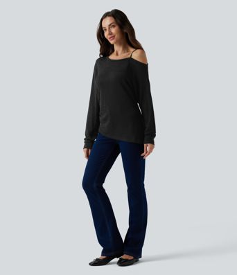 Semi Sheer One Shoulder Long Sleeve Asymmetric Hem Casual T-Shirt