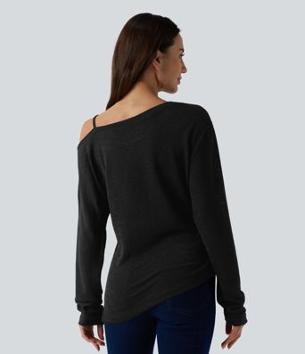 Semi Sheer One Shoulder Long Sleeve Asymmetric Hem Casual T-Shirt