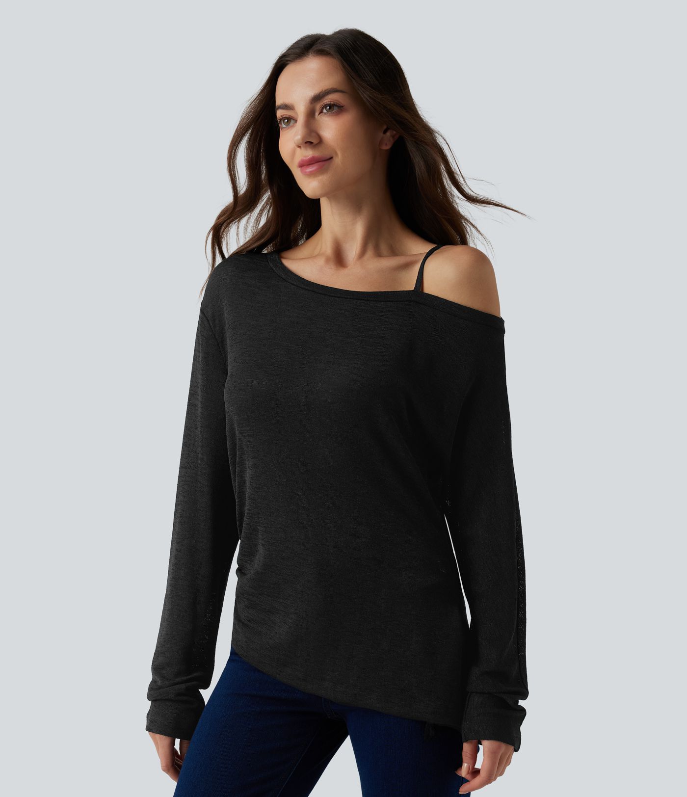 Semi Sheer One Shoulder Long Sleeve Asymmetric Hem Casual T-Shirt