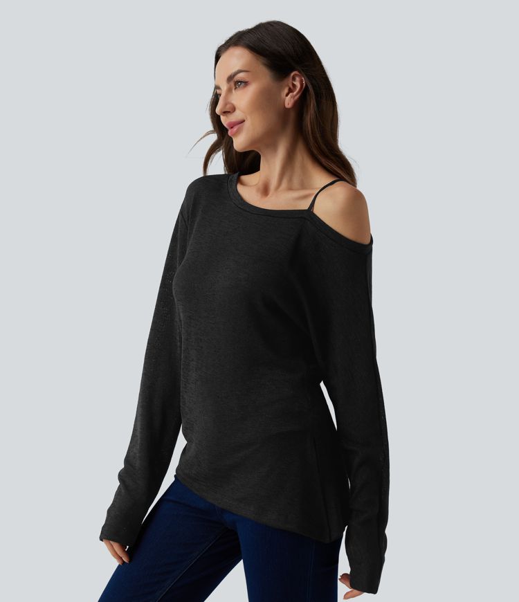 Semi Sheer One Shoulder Long Sleeve Asymmetric Hem Casual T-Shirt