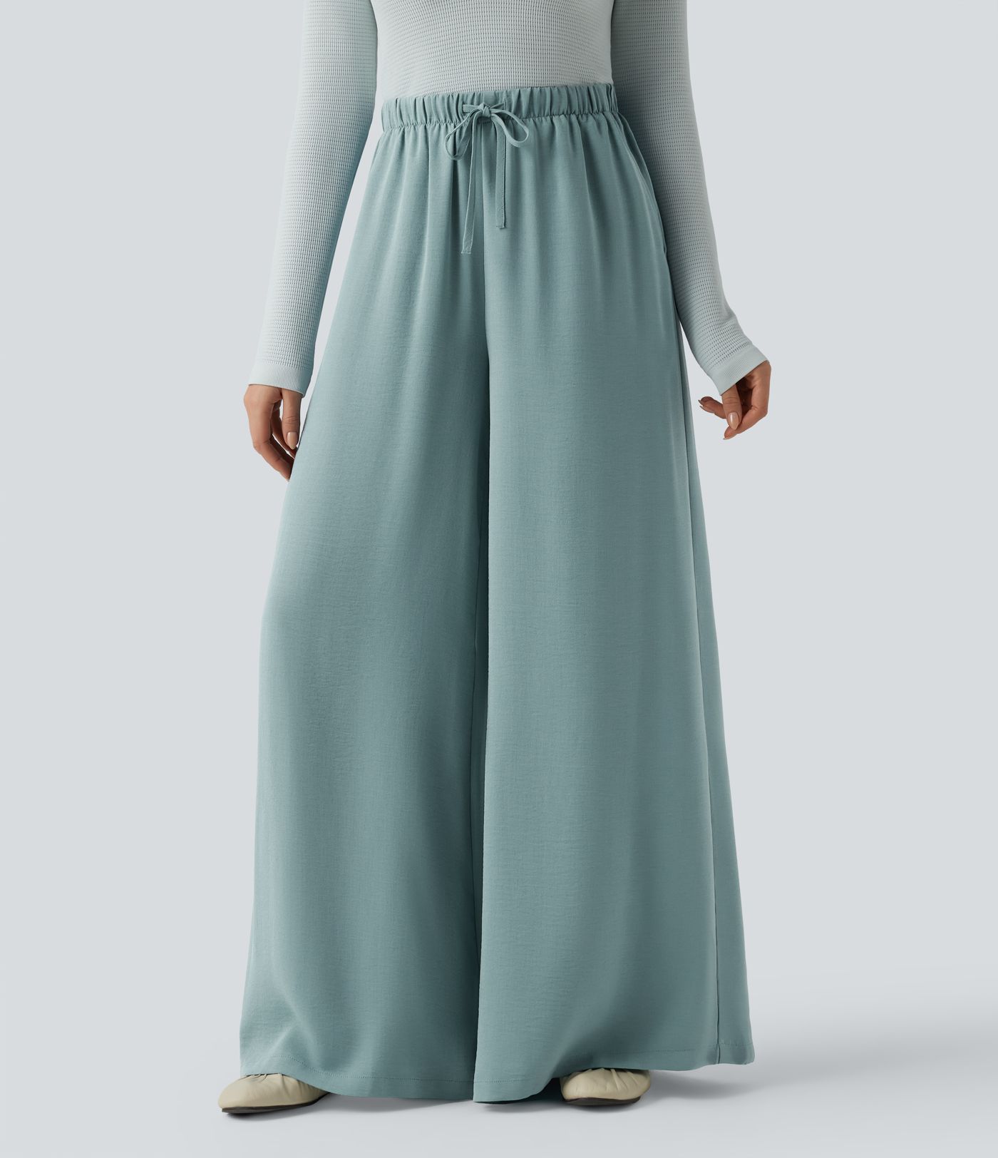High Waisted Drawstring Linen-Feel Casual Flowy Baggy Pants with Pockets