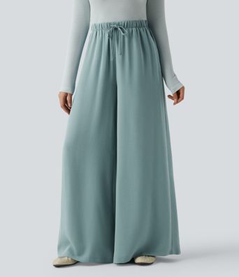High Waisted Drawstring Linen-Feel Casual Flowy Baggy Pants with Pockets
