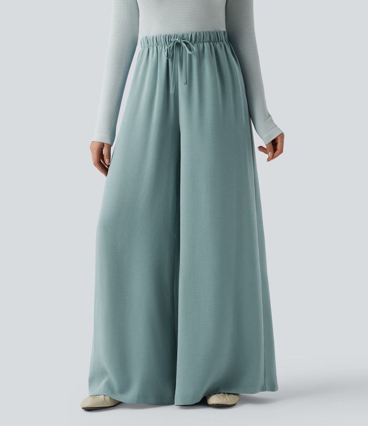 High Waisted Drawstring Linen-Feel Casual Flowy Baggy Pants with Pockets