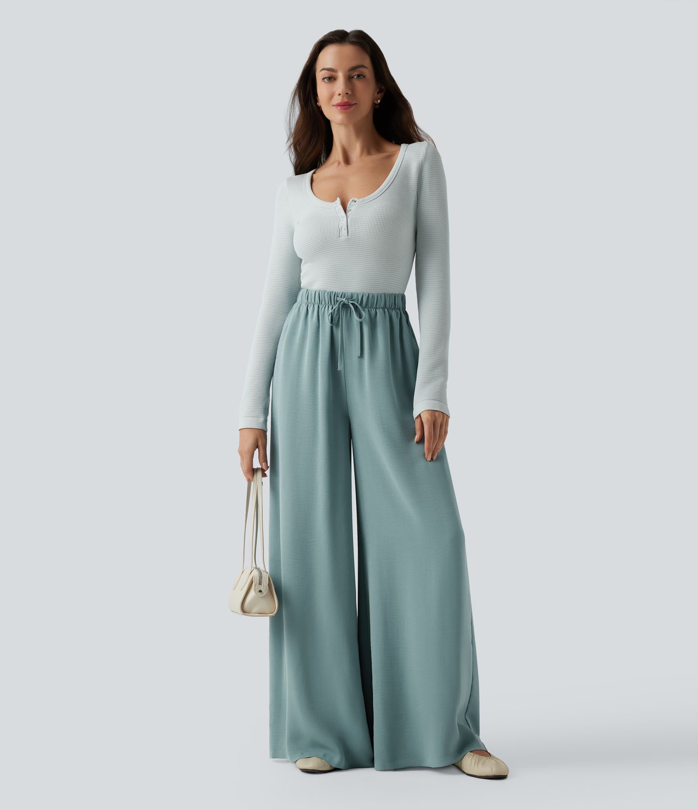 High Waisted Drawstring Linen-Feel Casual Flowy Baggy Pants with Pockets