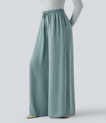 High Waisted Drawstring Linen-Feel Casual Flowy Baggy Pants with Pockets