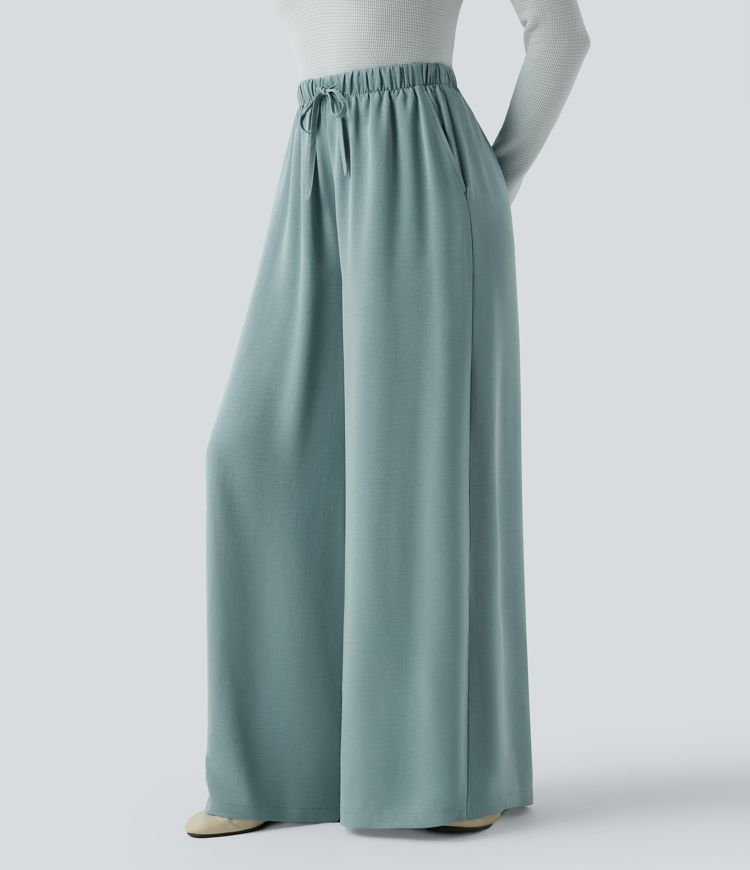 High Waisted Drawstring Linen-Feel Casual Flowy Baggy Pants with Pockets