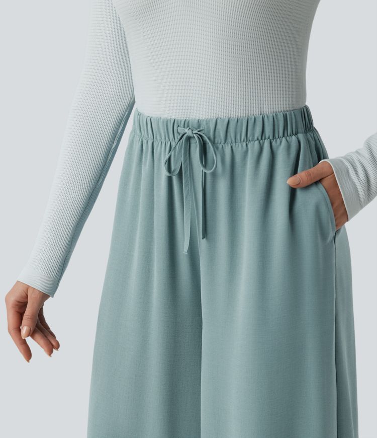 High Waisted Drawstring Linen-Feel Casual Flowy Baggy Pants with Pockets
