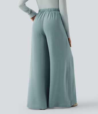 High Waisted Drawstring Linen-Feel Casual Flowy Baggy Pants with Pockets