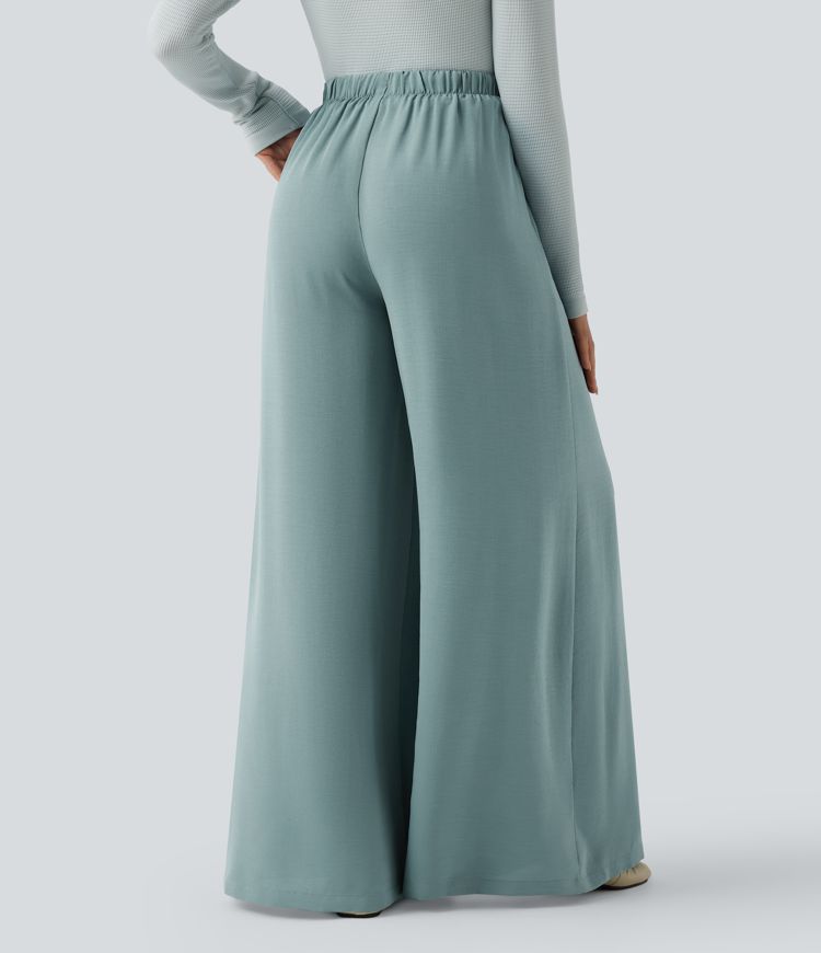 High Waisted Drawstring Linen-Feel Casual Flowy Baggy Pants with Pockets