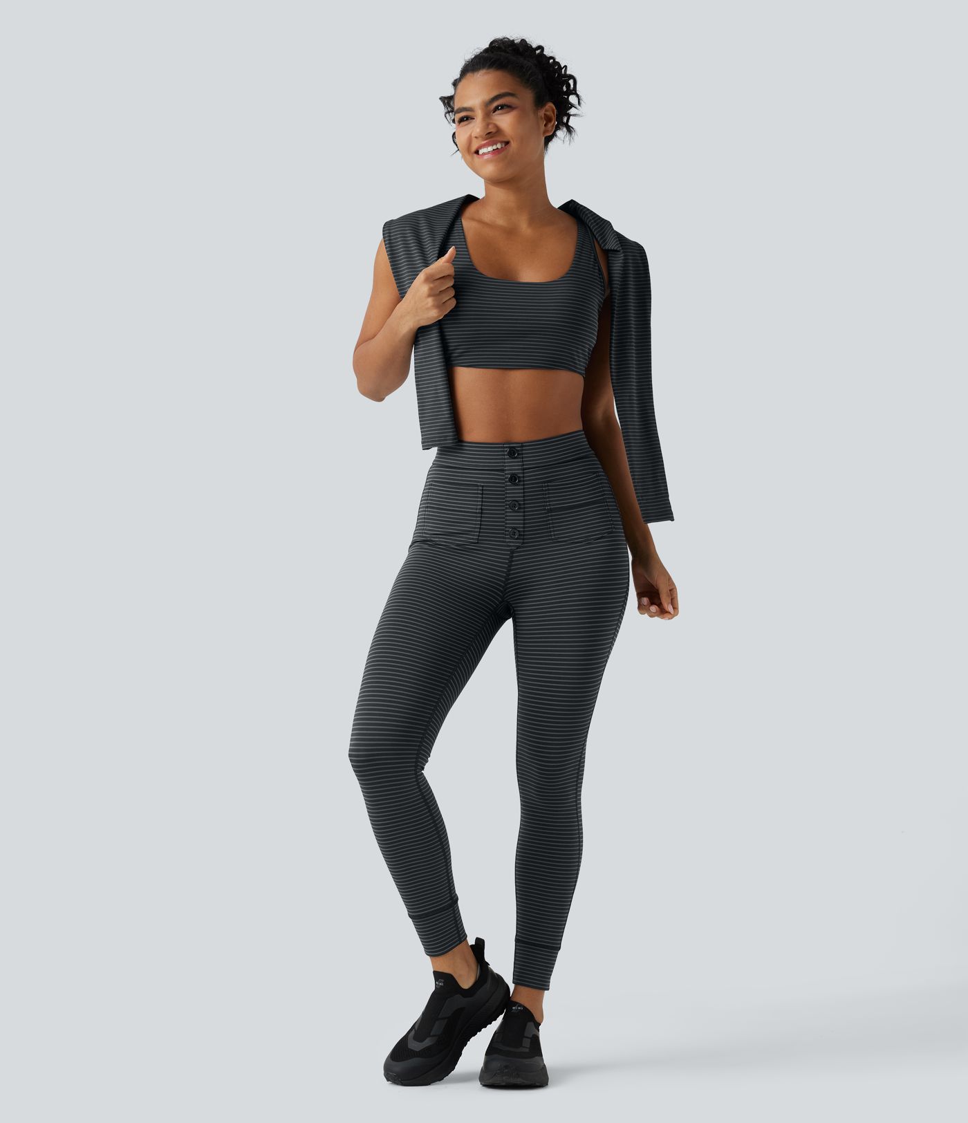 High Waisted Decorative Buttons Stripes Workout 7/8 Leggings with Pockets