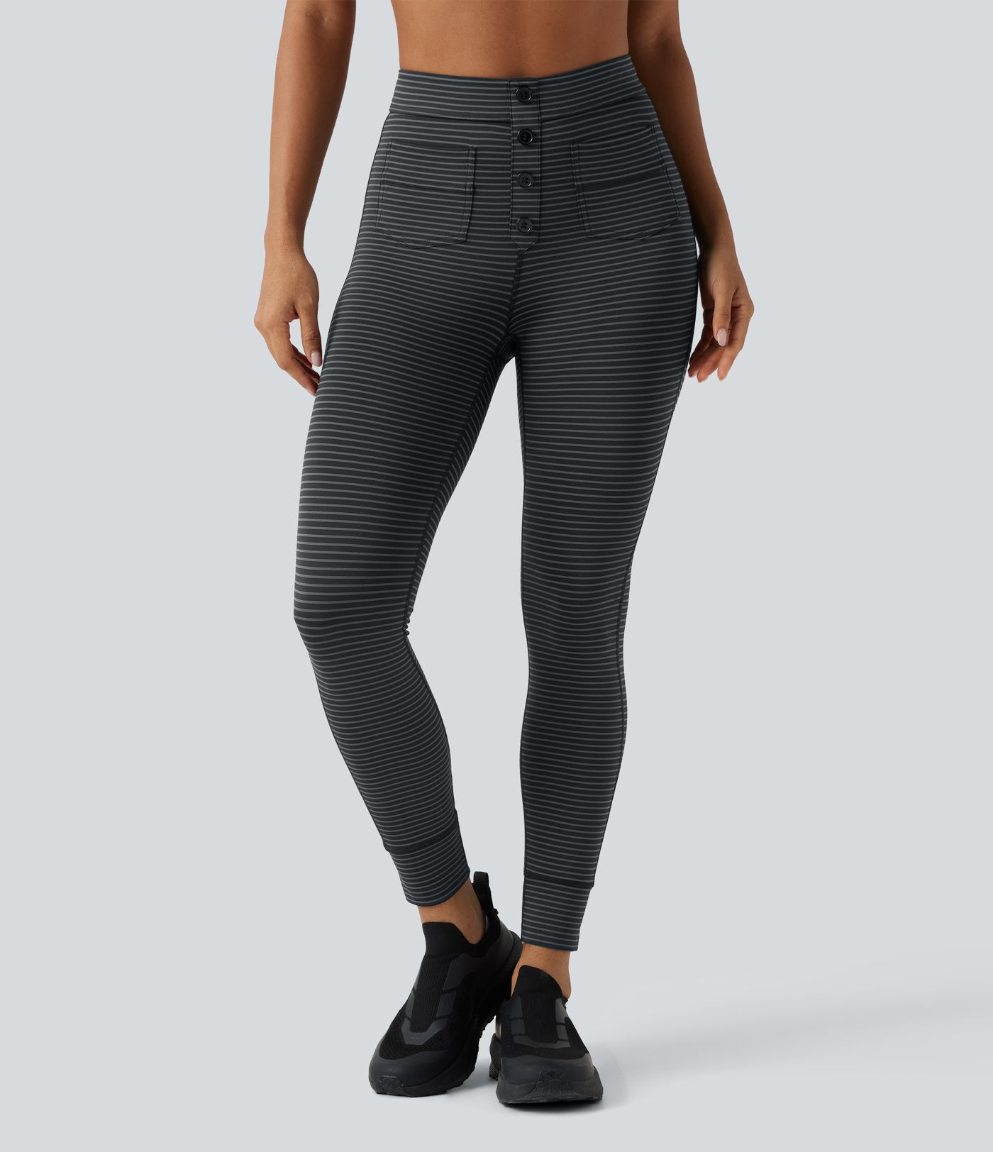 High Waisted Decorative Buttons Stripes Workout 7/8 Leggings with Pockets