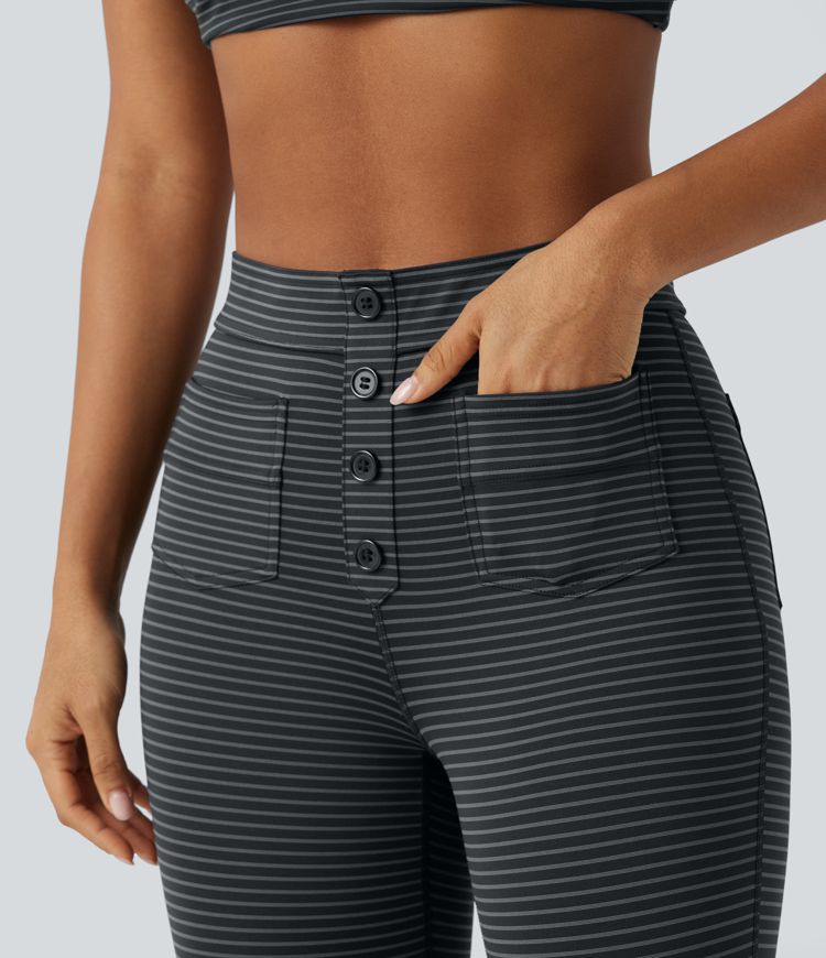 High Waisted Decorative Buttons Stripes Workout 7/8 Leggings with Pockets