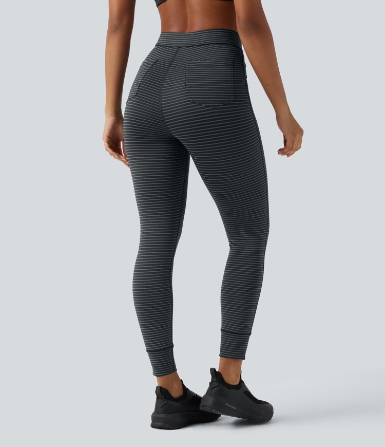 High Waisted Decorative Buttons Stripes Workout 7/8 Leggings with Pockets