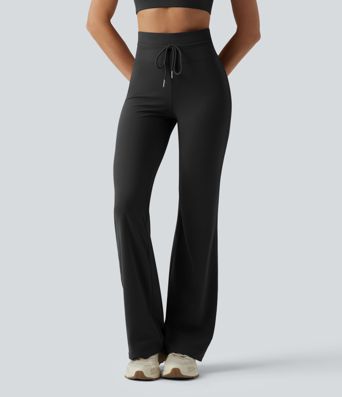 High Waisted Drawstring Plain Flare Yoga Pants with Pockets