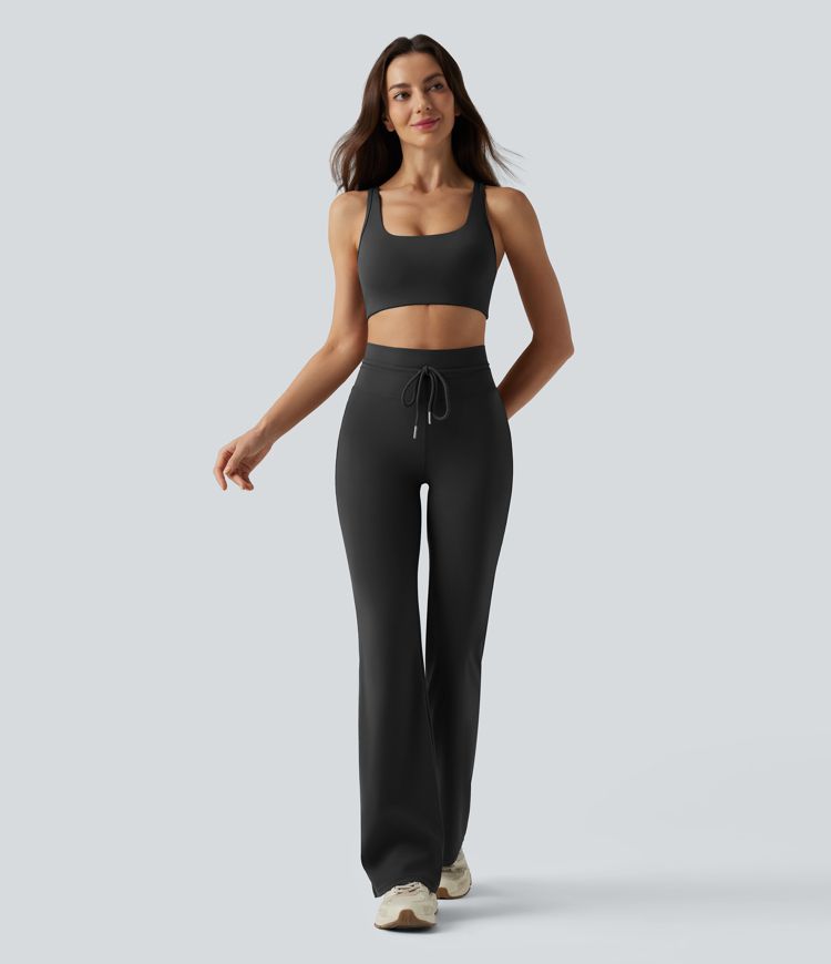 High Waisted Drawstring Plain Flare Yoga Pants with Pockets