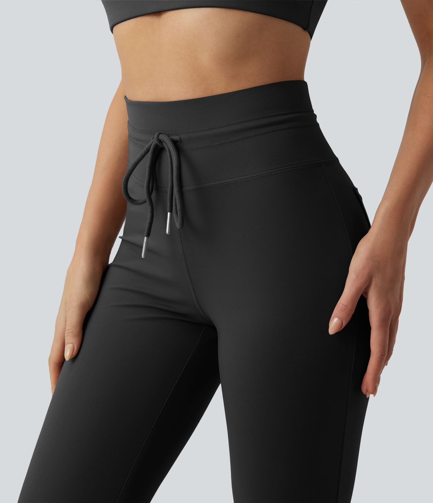 High Waisted Drawstring Plain Flare Yoga Pants with Pockets