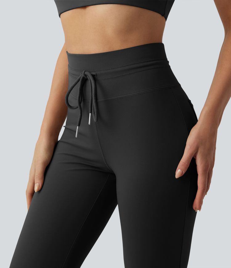 High Waisted Drawstring Plain Flare Yoga Pants with Pockets