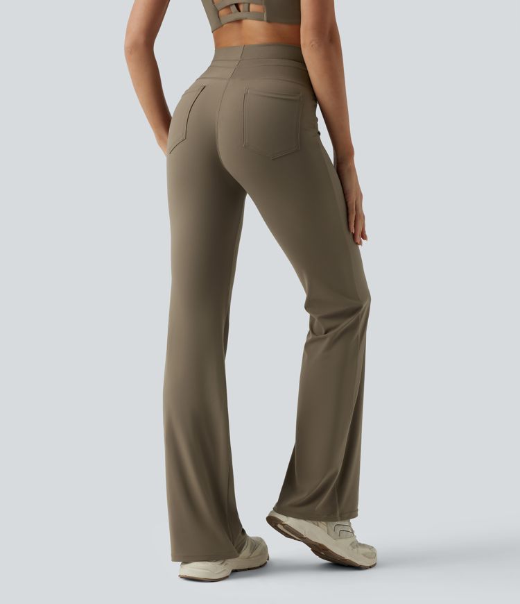 High Waisted Drawstring Plain Flare Yoga Pants with Pockets