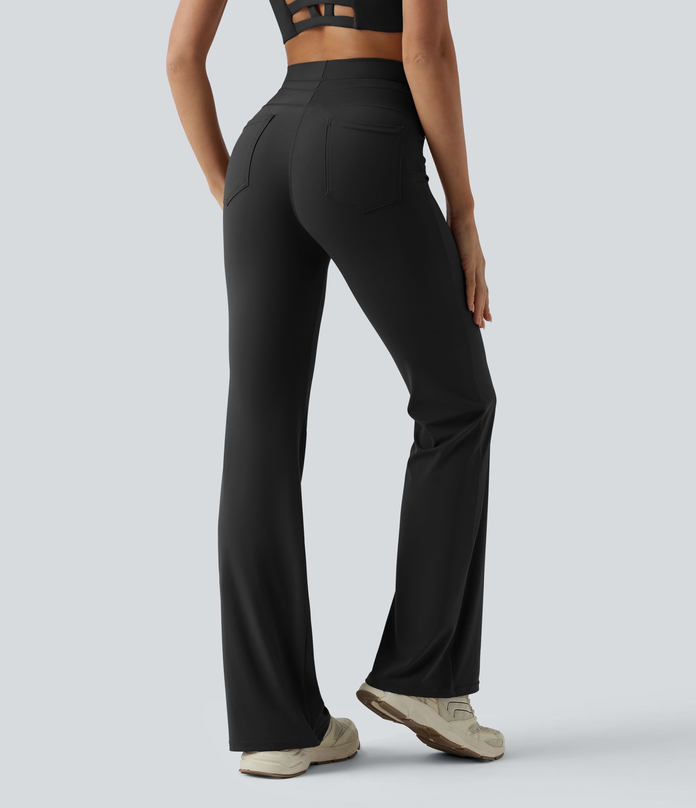 High Waisted Drawstring Plain Flare Yoga Pants with Pockets