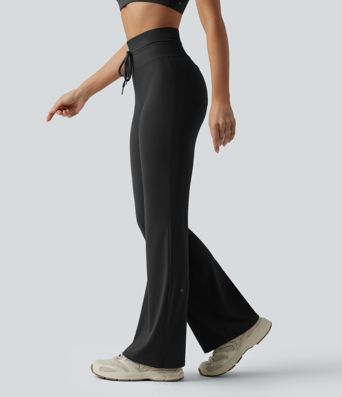 High Waisted Drawstring Plain Flare Yoga Pants with Pockets
