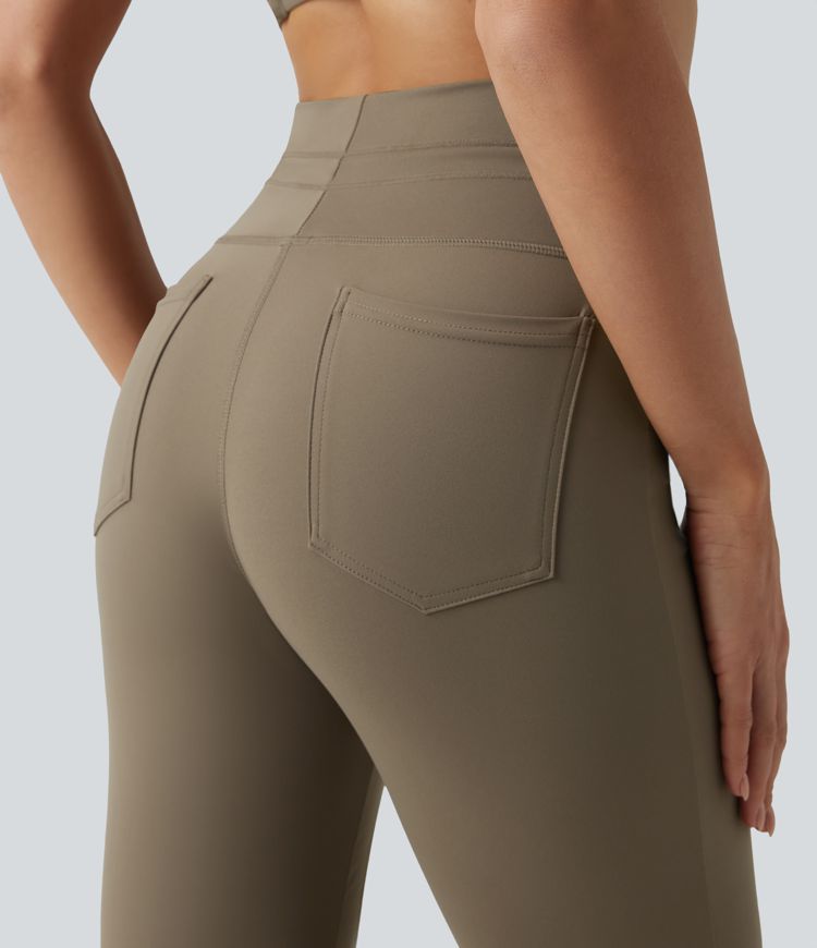 High Waisted Drawstring Plain Flare Yoga Pants with Pockets