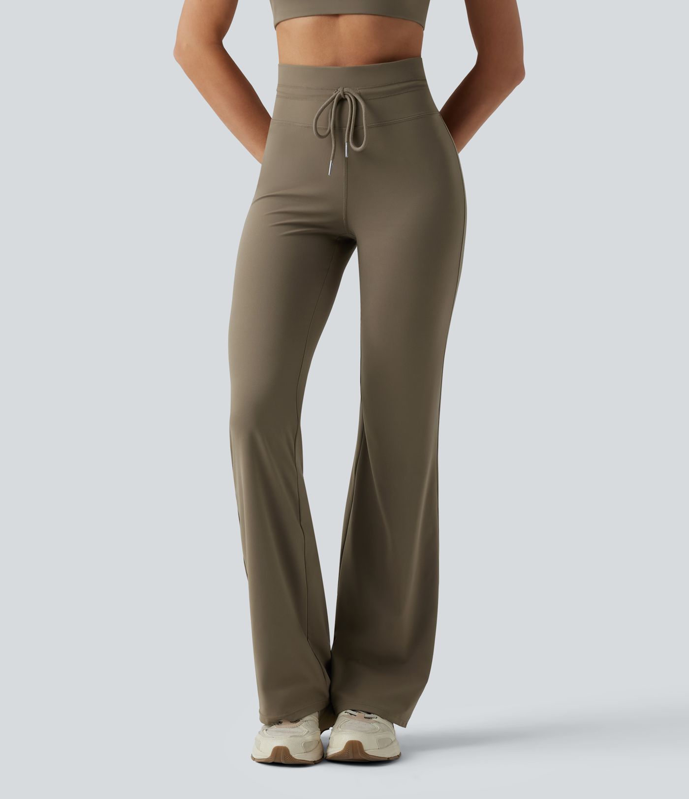High Waisted Drawstring Plain Flare Yoga Pants with Pockets