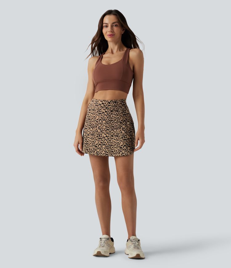 High Waisted 2-in-1 Leopard Print Curved Hem Mini Golf Skirt with Pockets