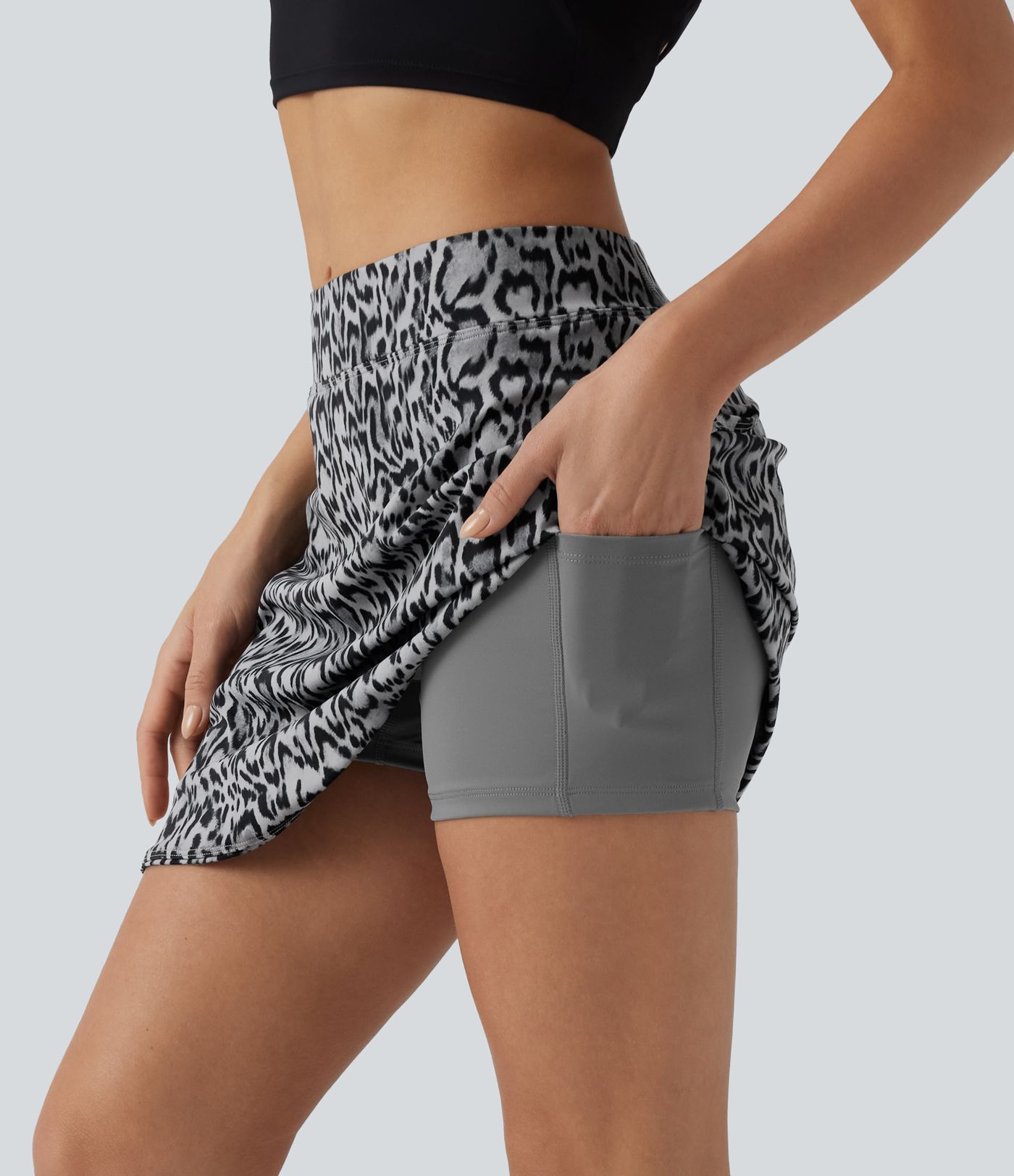 High Waisted 2-in-1 Leopard Print Curved Hem Mini Golf Skirt with Pockets