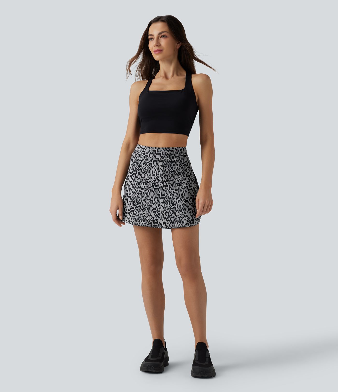 High Waisted 2-in-1 Leopard Print Curved Hem Mini Golf Skirt with Pockets