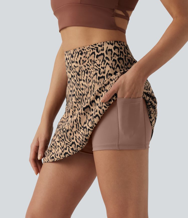 High Waisted 2-in-1 Leopard Print Curved Hem Mini Golf Skirt with Pockets