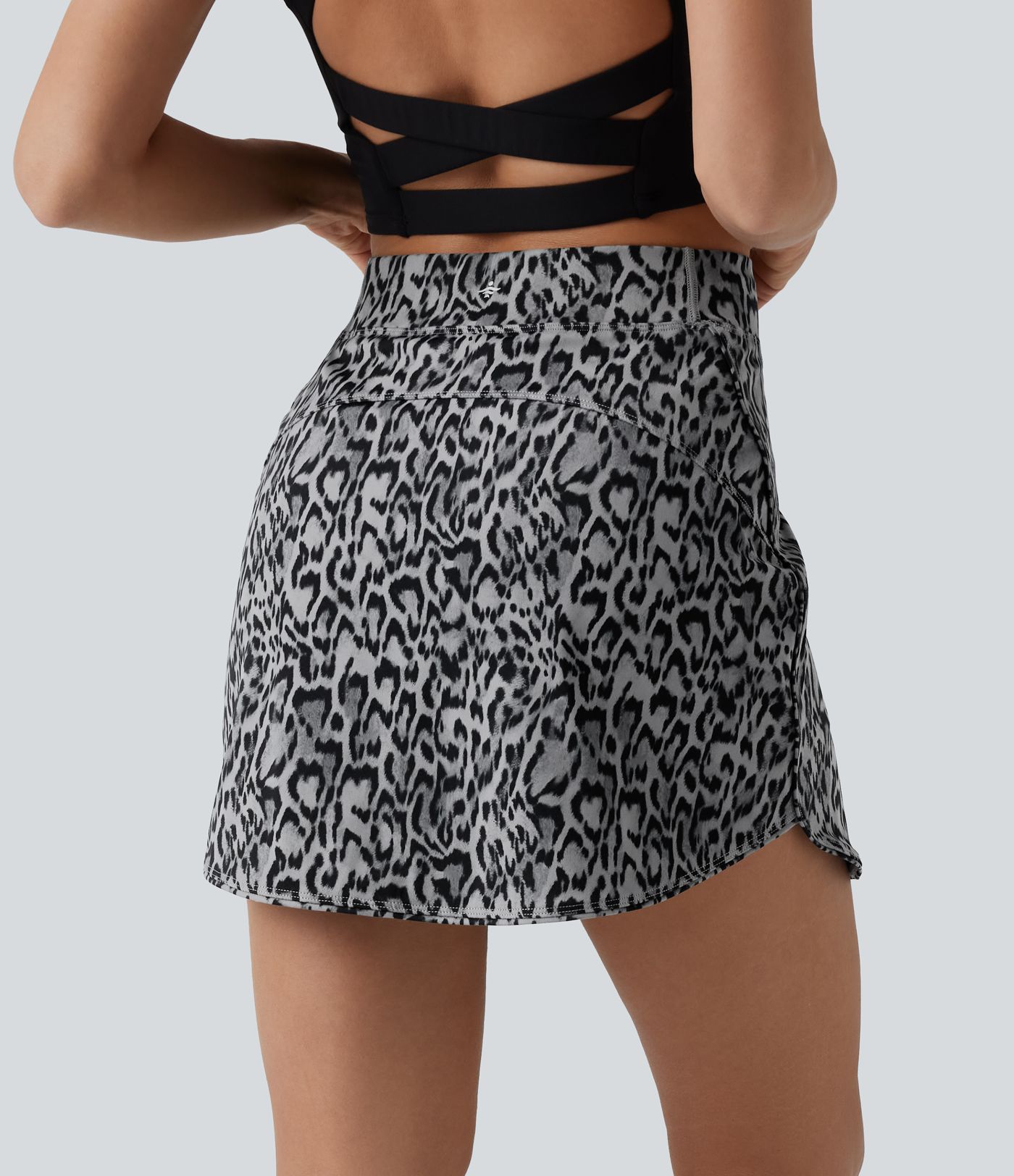 High Waisted 2-in-1 Leopard Print Curved Hem Mini Golf Skirt with Pockets