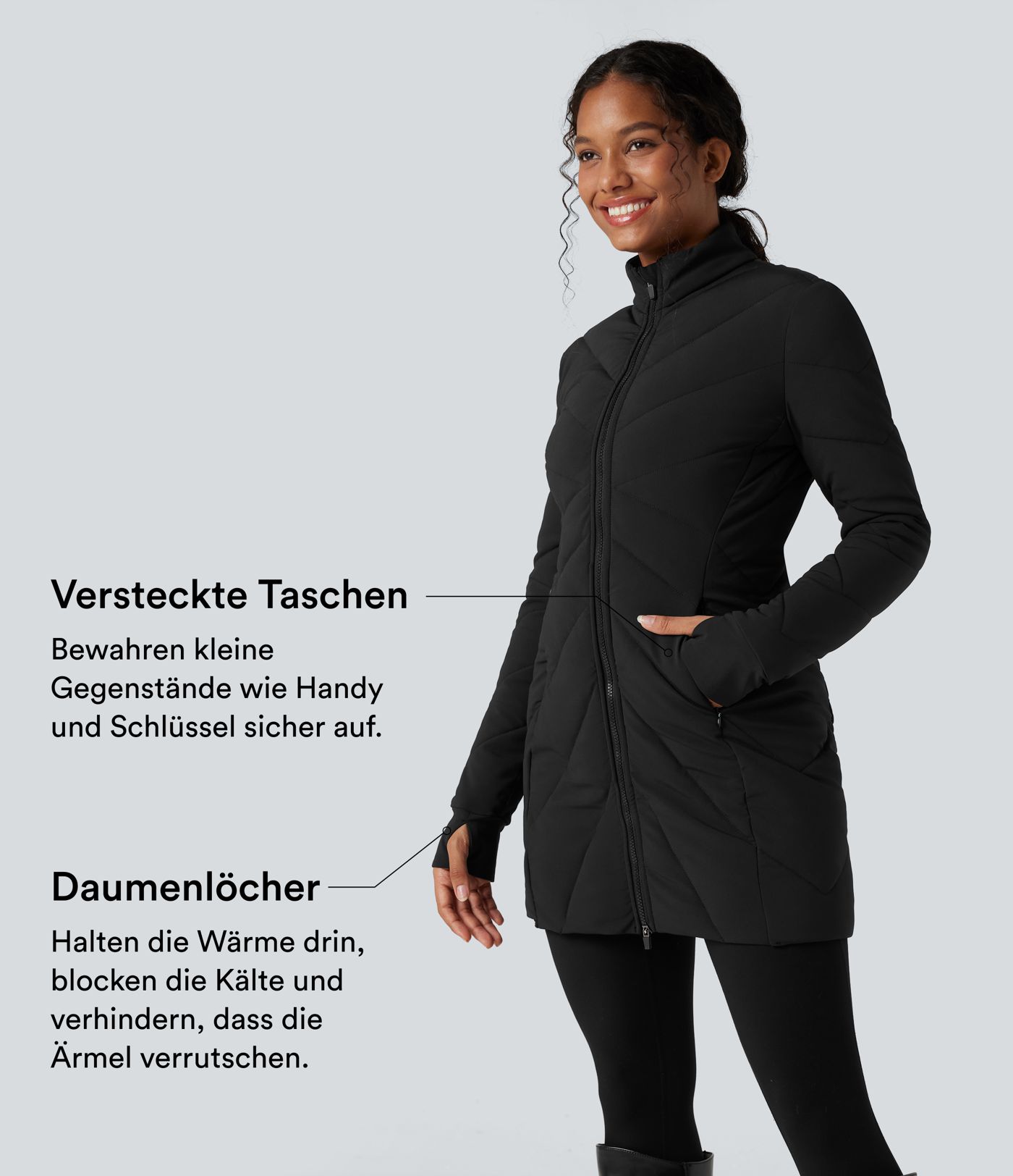 Lässige Steppjacke mit Stehkragen, Seitentaschen, Doppelreißverschluss, langen Ärmeln und Daumenlöchern