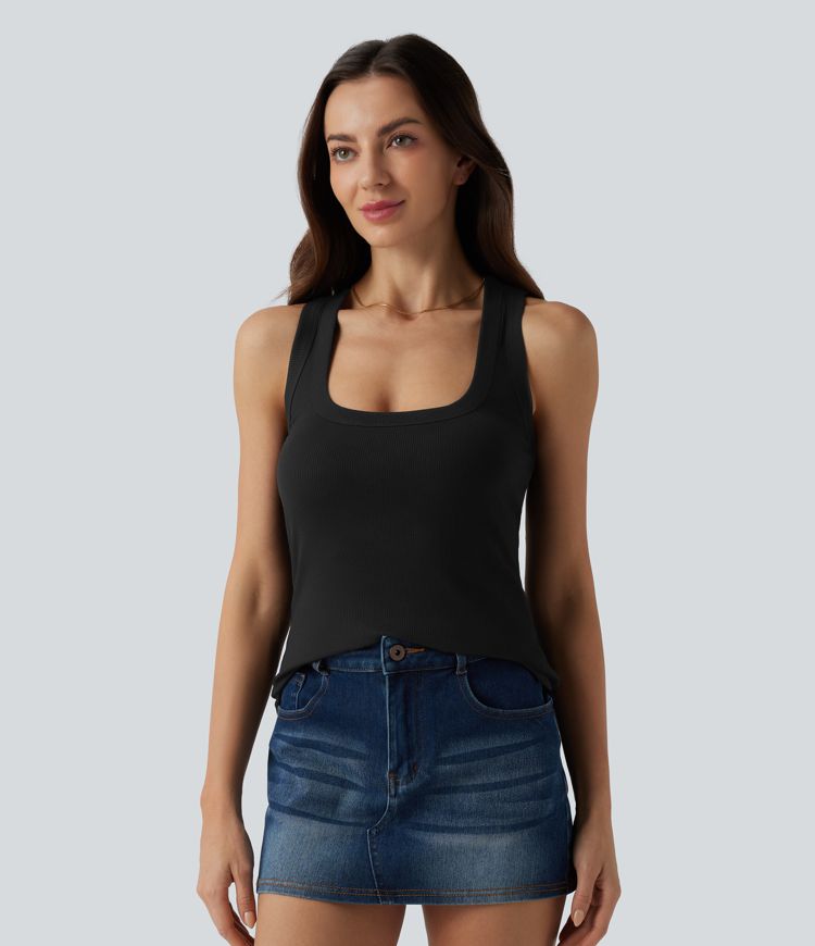 Ribbed Knit U Neck Racerback Casual Tank Top