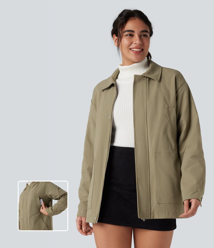 Zipper Long Sleeve Casual Shacket Padded Jacket with Pockets