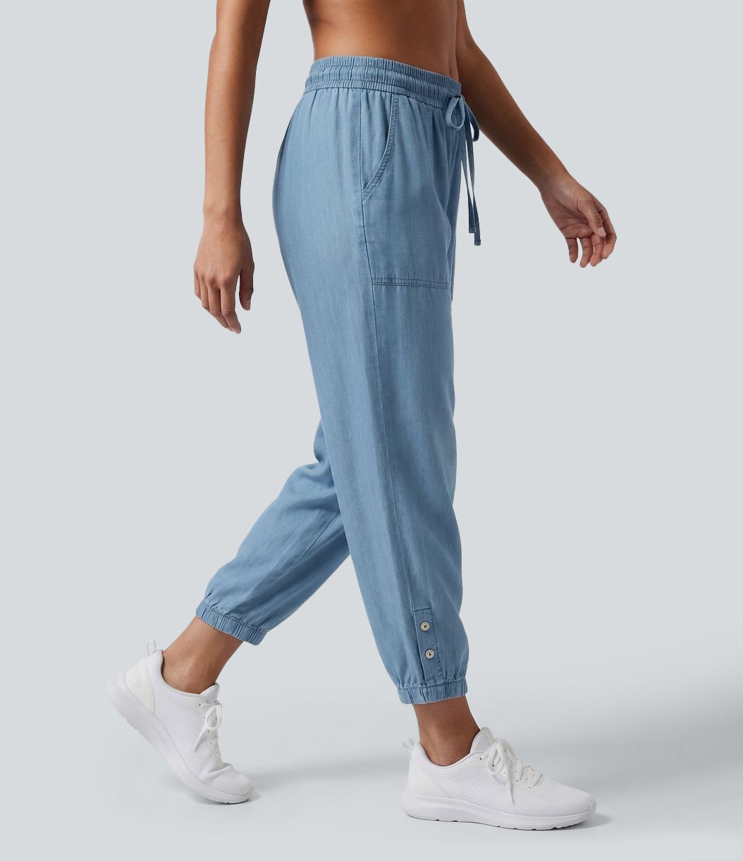 Mid Rise Drawstring Tapered Denim-Like Casual Joggers with Pockets