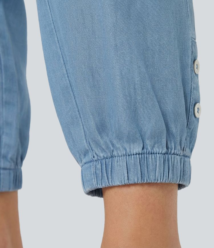 Mid Rise Drawstring Tapered Denim-Like Casual Joggers with Pockets