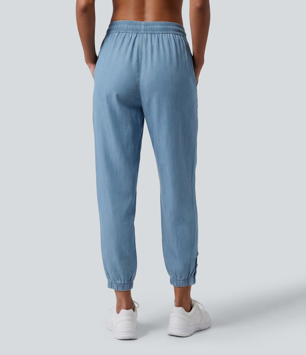 Mid Rise Drawstring Tapered Denim-Like Casual Joggers with Pockets