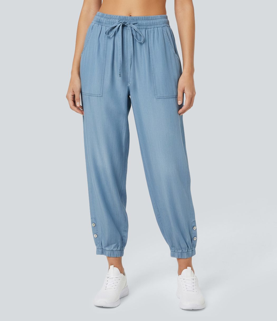 Mid Rise Drawstring Tapered Denim-Like Casual Joggers with Pockets