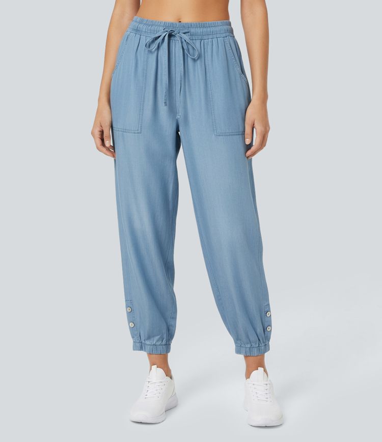 Mid Rise Drawstring Tapered Denim-Like Casual Joggers with Pockets