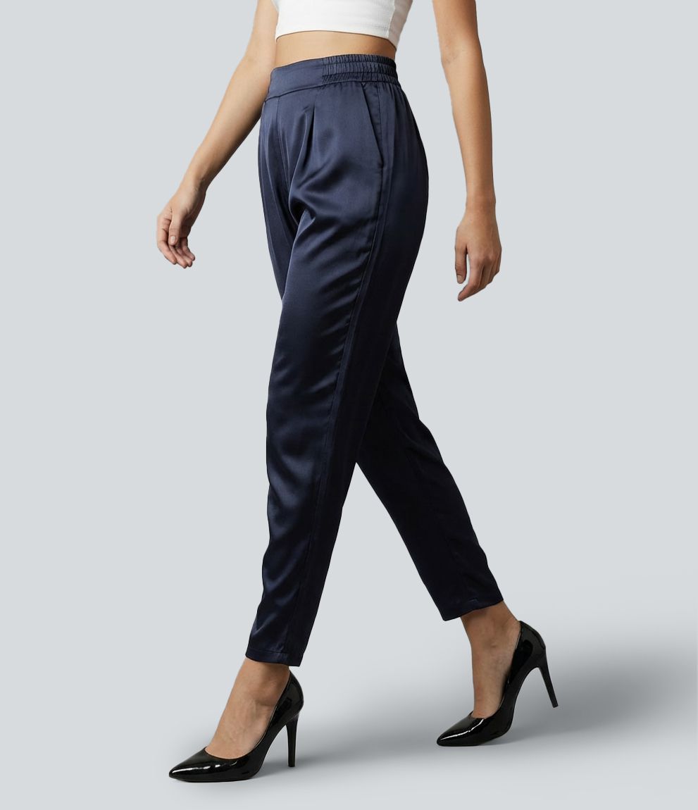 Mid Rise Satin Casual Pants with Pockets