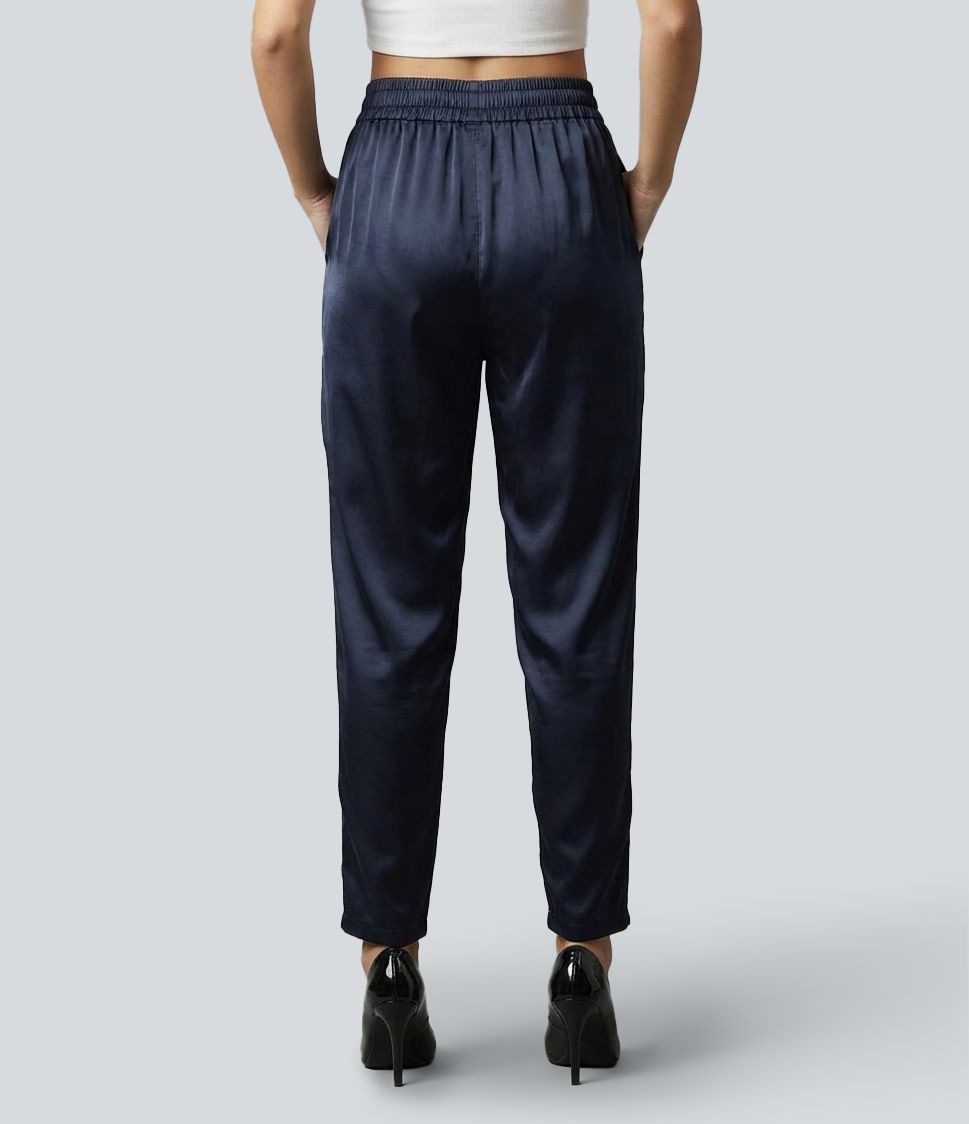Mid Rise Satin Casual Pants with Pockets