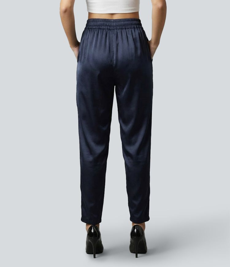 Mid Rise Satin Casual Pants with Pockets