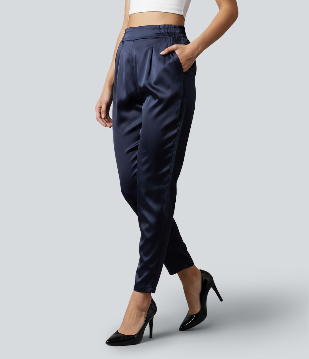 Mid Rise Satin Casual Pants with Pockets