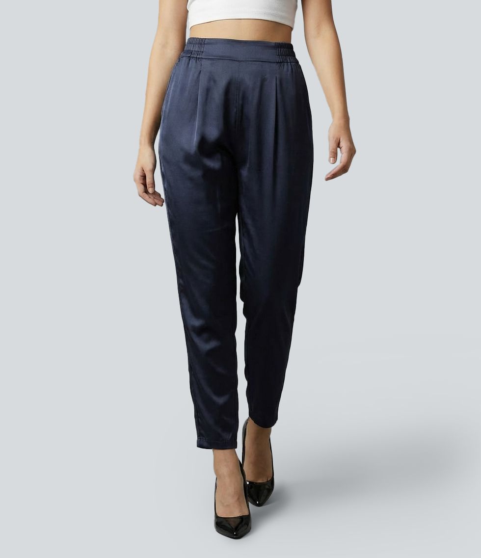 Mid Rise Satin Casual Pants with Pockets