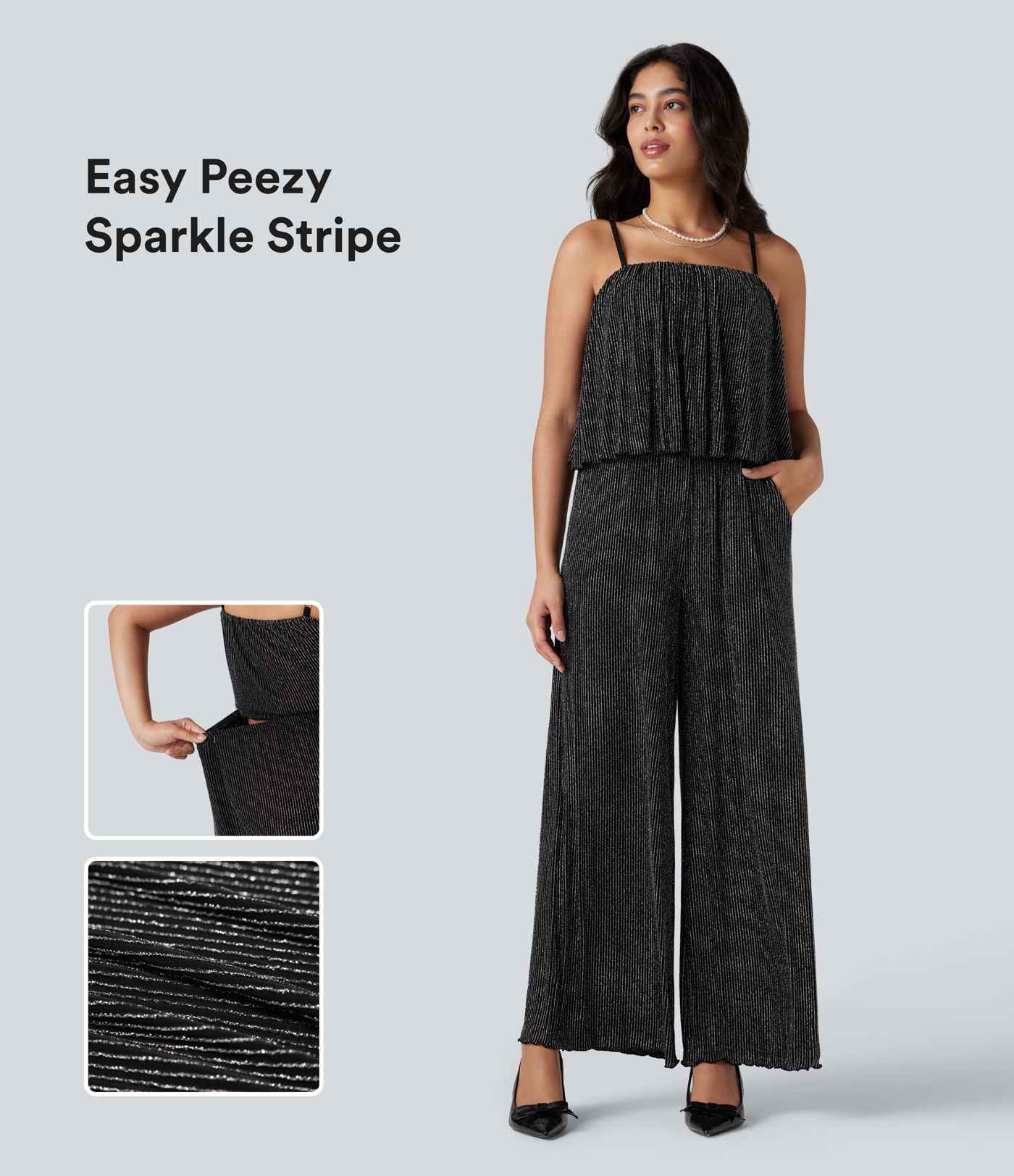 Combinaison Easy Peezy sans manches à ourlet volanté, rayures sparkle, avec poches